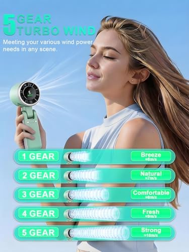 Portable Handheld Turbo Fan, 5 Gear Wind, Battery Operated, Up to 13 Working Hours Rechargeable Fan, 3 IN 1 Hand Fans with Air Turbo Tech Cooling Fan for for Travel, Beach, Outdoor - Green