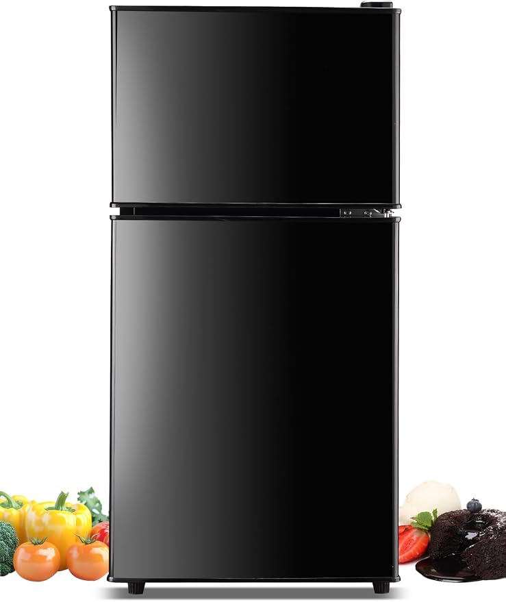 F.W.WOOLWORTHS 3.5 Cu.Ft Refrigerator with Freezer | Compact Fridge with 2 Doors for Office, Kitchen, Dorm and Bedroom, 7 Level Temp Adjustable Thermostat, Black