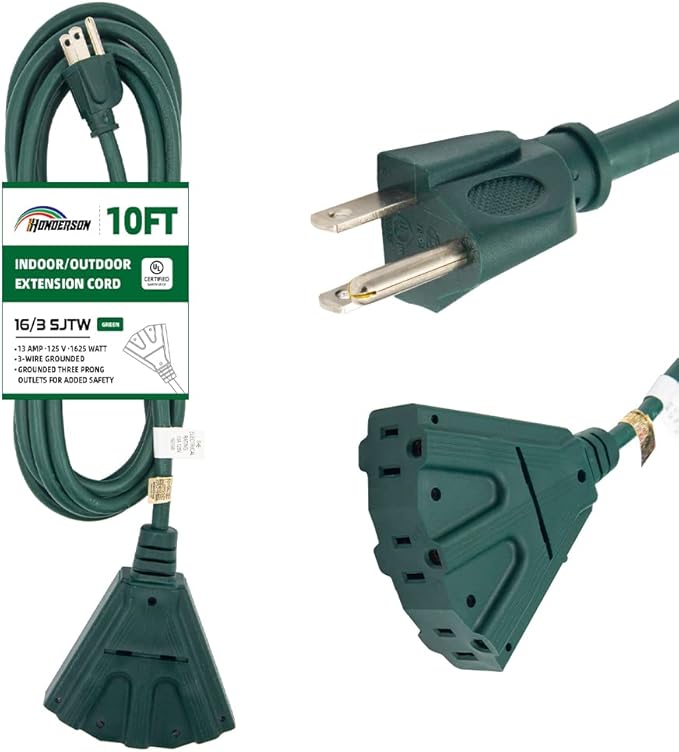 3-Outlets Indoor Outdoor Extension Cord Weatherproof, UL Certified, 16 Gauge 10FT Green 3 Prong Heavy Duty, 16/3 SJTW 13A Power Cord