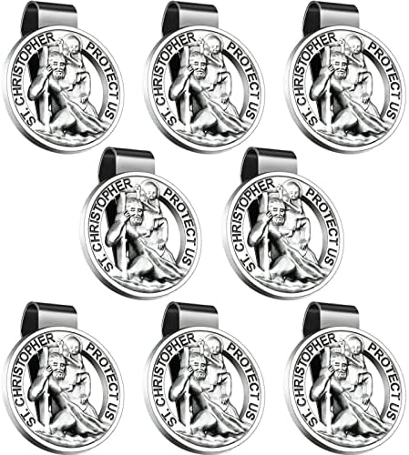 8 Pcs St Christopher Medal for Car Round Saint Christopher Visor Clip St Christopher Medal Clip Metal Saint Car Accessories Catholic Visor Bless Driving Safety Clip Religious Presents for Driver