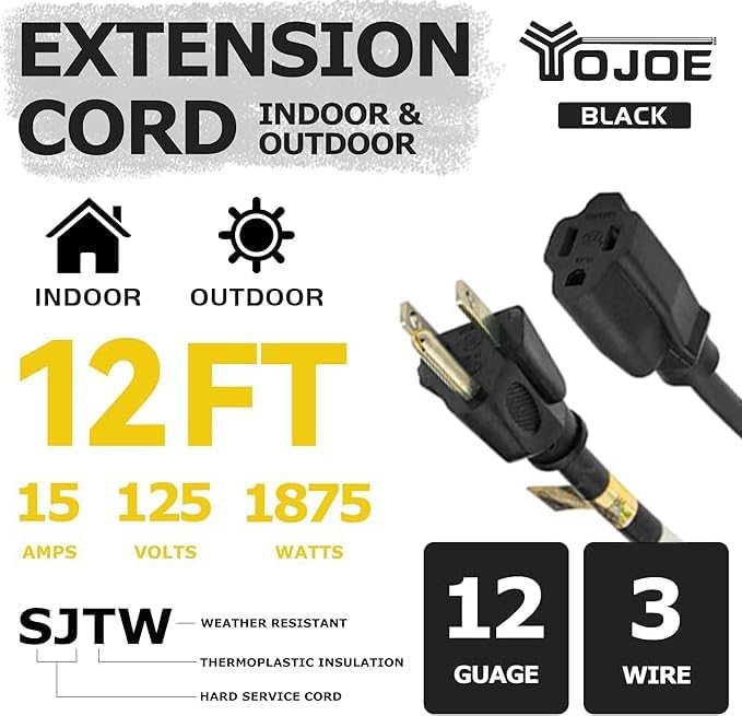 YOJOE Indoor Outdoor Extension Cord, 3 Prong 15A Weatherproof Power Cord, 12 Gauge Heavy Duty 12 ft Black Extension Cord for Garage, Garden and Home, 12/3 SJTW UL Listed