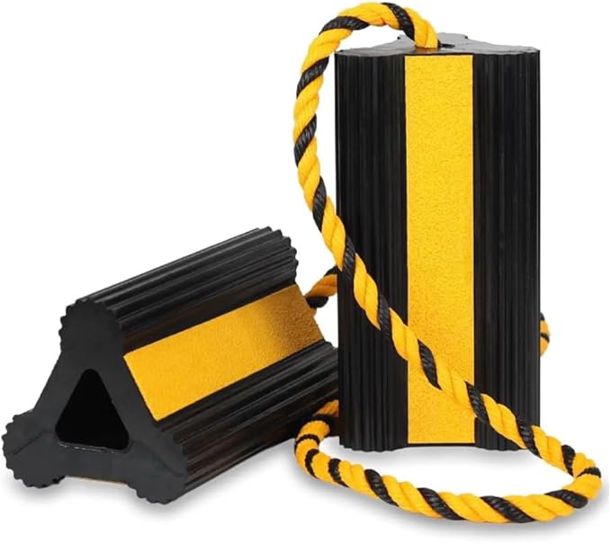 Jungle Jim's Heavy Duty Dual Wheel Chocks with Ropes - 7.8 Inches, Oil-Resistant Rubber, Reflective Stripes, Anti-Slip Grip, for Trucks, Trailers, RVs, Driveways, Garages – 1 Pack