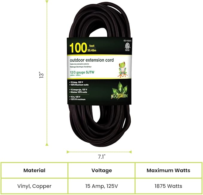 Go Green Power Inc. (GG-14000BK) 12/3 SJTW Outdoor Extension Cord, Black, 100 ft
