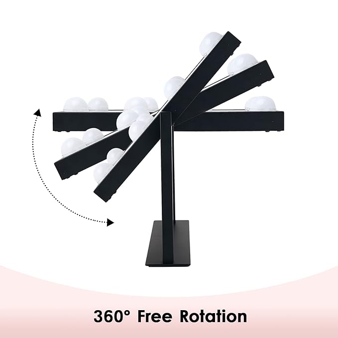 Lighted Makeup Mirror Hollywood Mirror Vanity Mirror with Lights, Touch Control Design 3 Colors Dimable LED Bulbs, Detachable 10X Magnification, 360°Rotation, Black.