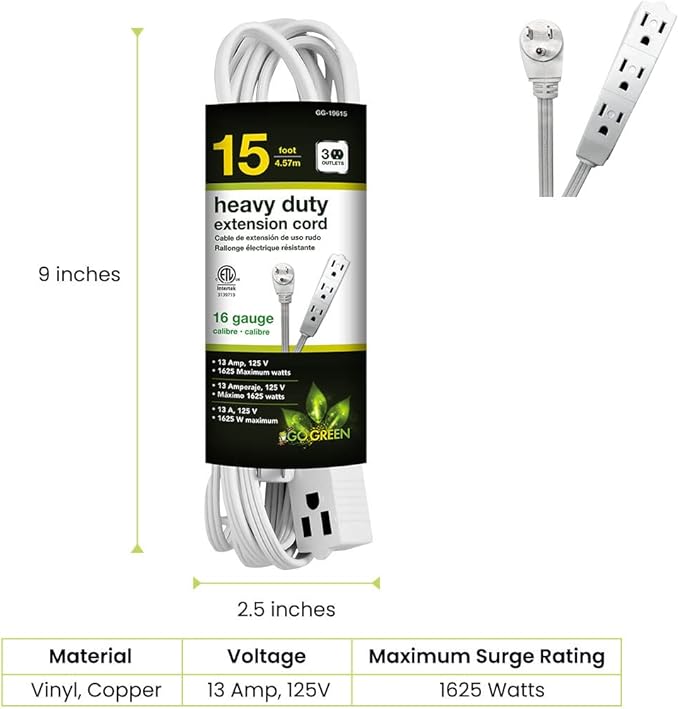 Power By GoGreen Go Green Power Inc. 15ft Extension Cord with 3 Outlets, White - Compact, Flush-Fit Design, Heavy Duty, Grounded Plug - Ideal for Home & Small Appliances - GG-19615