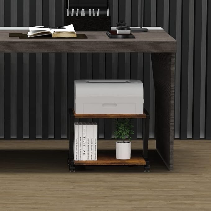 VEDECASA Retro Desktop Printer Stand 2 Tiers Under Desk Wood Printer Shelf