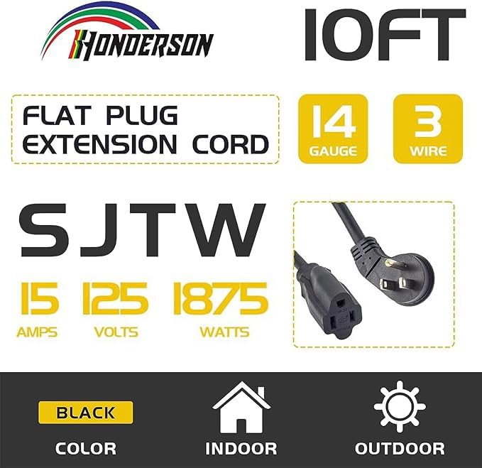 Flat Plug Indoor Extension Cord, UL Certified, 14 Gauge 10FT Black 3 Prong Heavy Duty, 14/3 SJTW 15A Power Cord for Lights, Appliances, Home