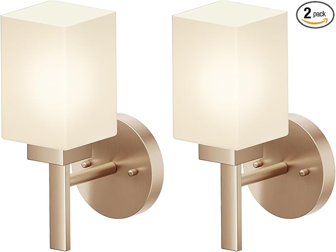 Bathroom Vanity Lighting Fixtures with White Frosted Glass Shade, Champagne Bronze Wall Lamps Over Mirror for Bedroom Living Room, 2 Pack T002CPG-L1-P2