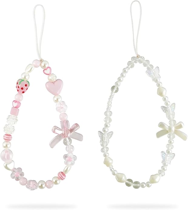 Pink Beaded Phone Wrist Straps, Y2K Phone Case Charms Camera Charm Strap