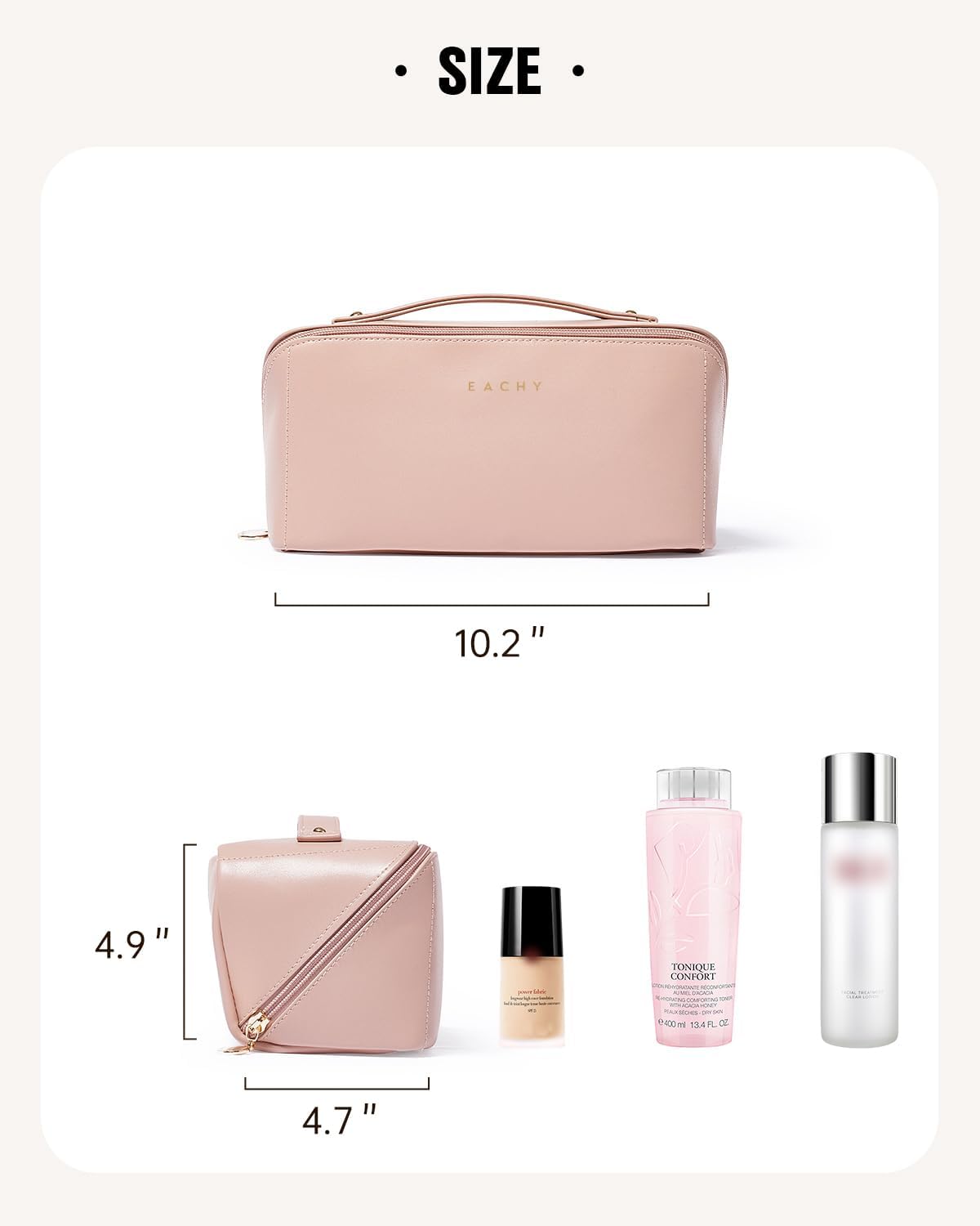 EACHY Travel Makeup Bag for Women, PU Leather Cosmetic Bag, Pink, Large