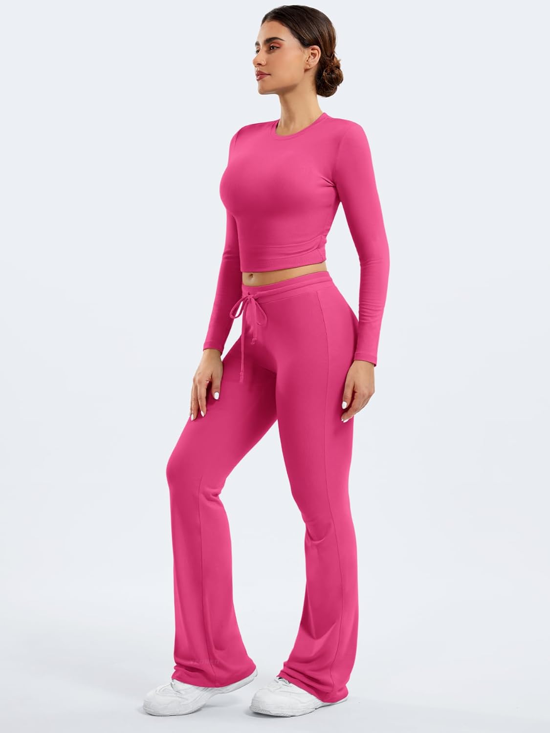 YEOREO Women's Lounge Set - Long Sleeve Top & Drawstring Wide Leg Pants | Rose Red, Size S