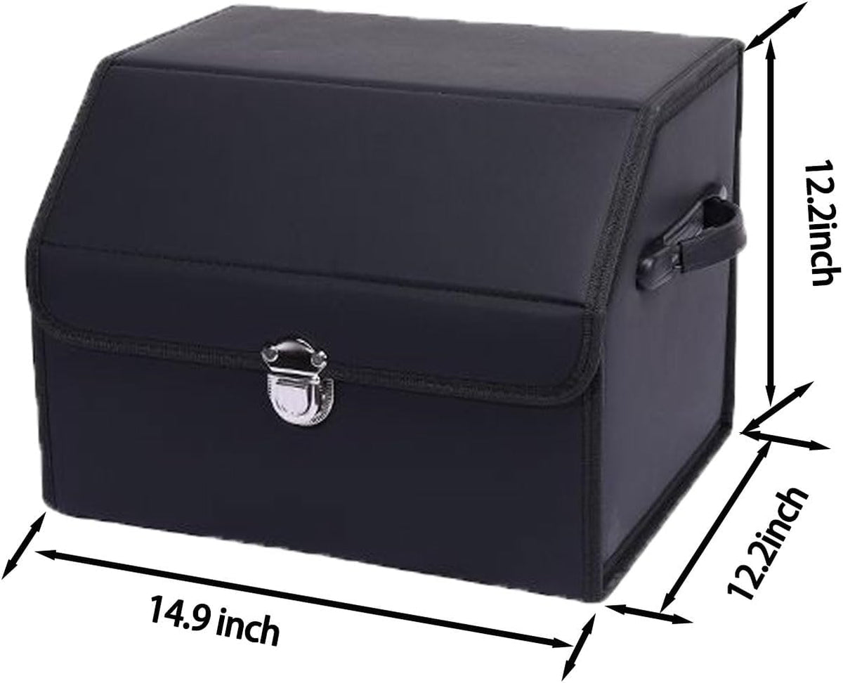 Leather Storage Box Car Trunk Organizer for Trunk SUV Sedan, Leather Foldable Storage Box with Lid (Black 14.9" L*12.2" W*11.8" H)