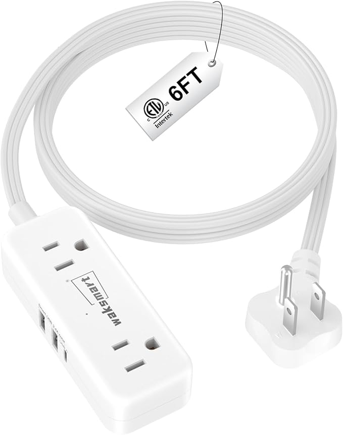 Flat Extension Cord 6 Feet - 4 AC Outlets 3 USB Ports (5V/3.4A 17W), Flat Plug Power Strip Compact for College Dorm, Travel, Cruise, Home, Office