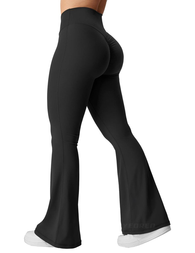 YEOREO Kalie Flare Scrunch Leggings for Women V Cross Waist Bell Bottom Yoga Pants Tummy Control Bootcut Workout Leggings Black XS