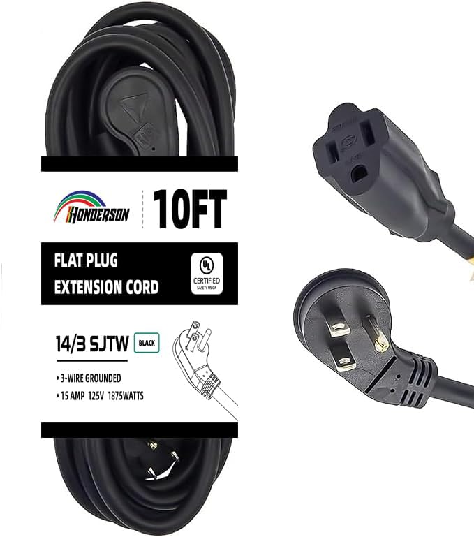 Flat Plug Indoor Extension Cord, UL Certified, 14 Gauge 10FT Black 3 Prong Heavy Duty, 14/3 SJTW 15A Power Cord for Lights, Appliances, Home