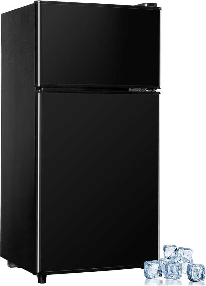 Mini Fridge with Freezer, 3.2 cuft Small Refrigerator, Compact Refrigerator | Double Door, 7 Adjustable Thermostat, Energy Saving, Low Noise, for Dorm, Bedroom, Office - BLACK