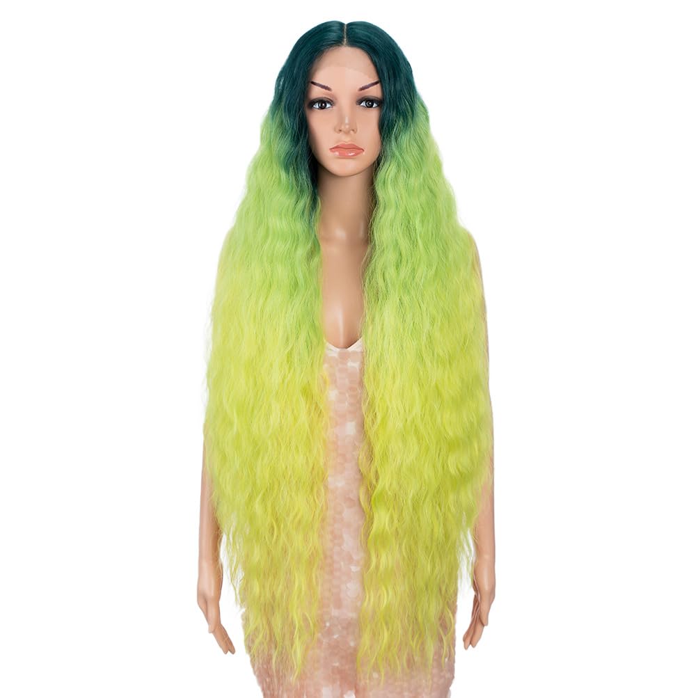 Style Icon 41'' Ombre Green Yellow Lemon Wig Lace Front Wigs Long Wavy Synthetic Wigs With Baby Hair Half Hand Tied 130% Density