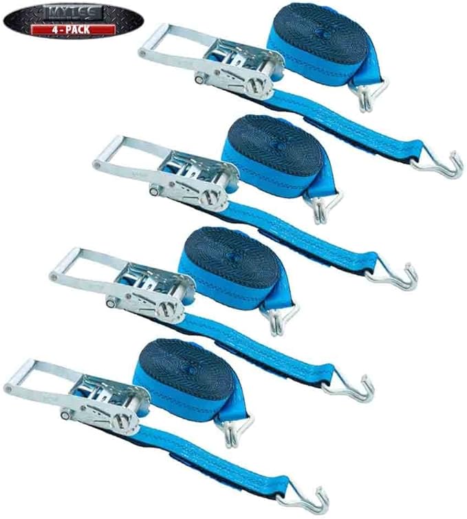 Mytee Products 4 Pack 2 inch x30 ft Heavy Duty Ratchet Straps with Double J Hooks - 10,000 Lbs Breaking Strength Blue Tie Down Straps w/Wire Hooks for Industrial Use, Trailers, Truck Cargo