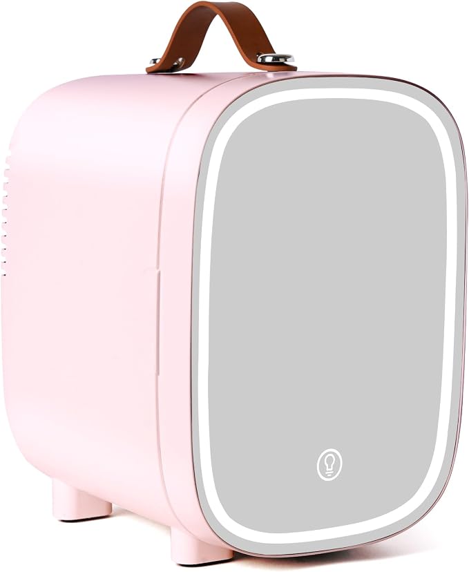 Mini Fridge for Bedroom, 4 Liter/6 Can Skincare Fridge With LED Mirror & Leather Carrying Handle,12v AC/DC Cooler & Warmer Portable Small Refrigerator for Drinks, Makeup, Dorm, Office and Car(Pink)