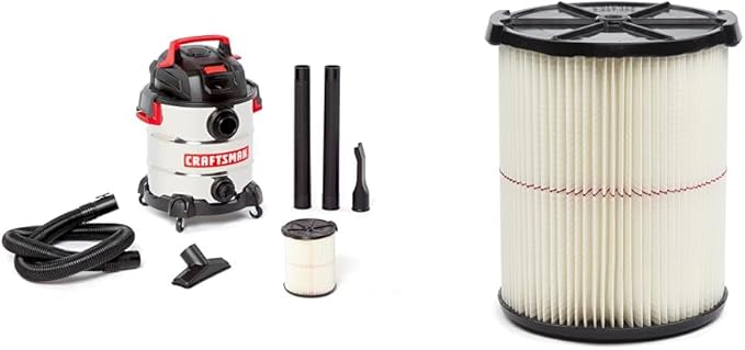 CRAFTSMAN CMXEVBE17155 10 Gallon 6.0 Peak HP Stainless Steel Wet Dry Vac, Portable Shop Vacuum Wet and Dry with 2 Filters, Hose and Attachments for Home and Garage Use