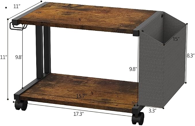 VEDECASA 2 Tier Rustic Brown Wooden Under Desk Printer Stand