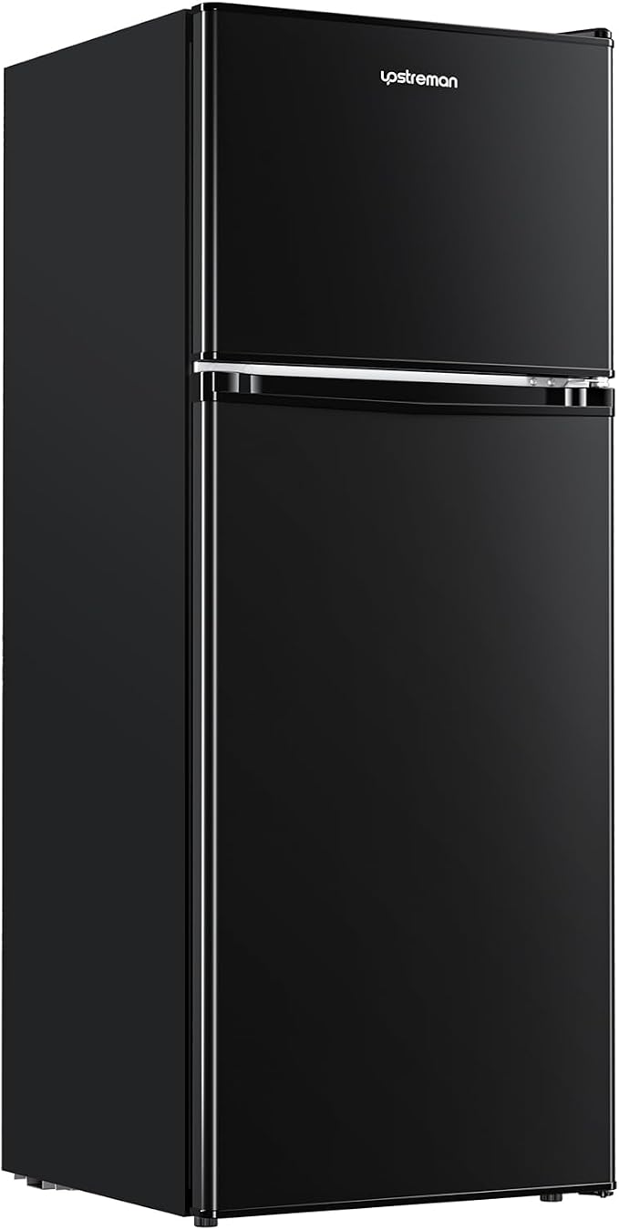 Upstreman 4.0 Cu.Ft. Mini Fridge with Freezer, Dorm Essentials, Double Door Small Refrigerator for Office, Dorm, Bedroom, Adjustable Thermostat, Large Capacity, Black-BR401