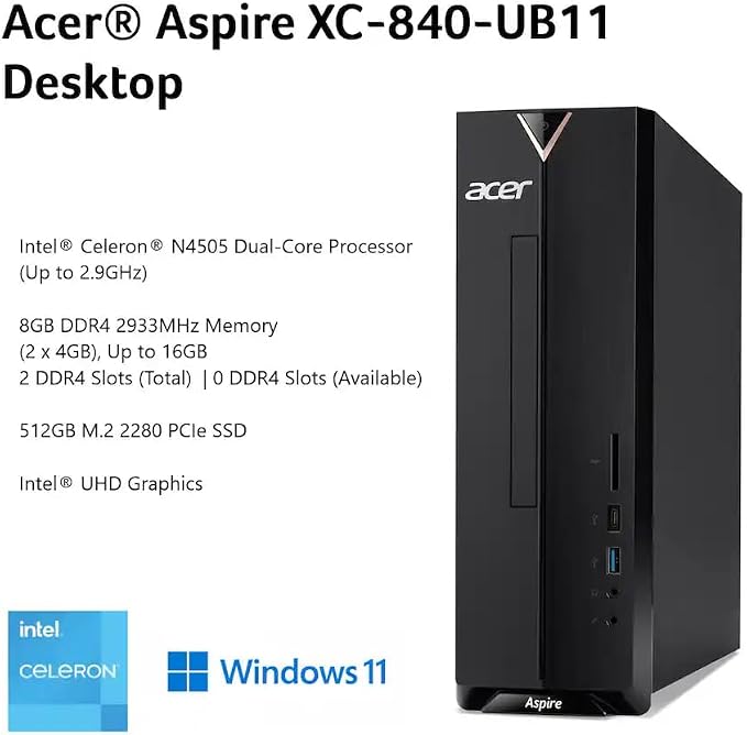 Acer Aspire SFF 8L Desktop Computer | Intel Multi-Core CPU | 32GB DDR4 RAM, 1TB SSD | WiFi 6E | Intel UHD Graphic | Wired Keyboard & Mouse, Lifetime Office 365 for The Web