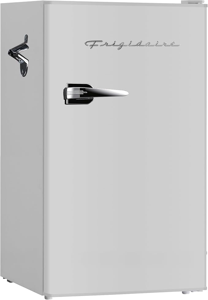 Frigidaire Retro Compact Fridge with Chiller, 3.2 cu ft Countertop Fridge with Built-In Bottle Opener, Compact Refrigerator for Office, Bedroom, Dorm Room or Cabin - 16.5"D x 19"W x 31"H (Moonbeam)