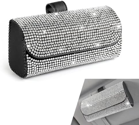 Bling Sunglasses Holder for Car Sun Visor, Rhinestone Auto Eyeglasses Mount Clip Organizer, Leather Sunvisor Sunglasses Storage Case, Universal Glasses Holder Clips for SUV, Sedan, Van (White)