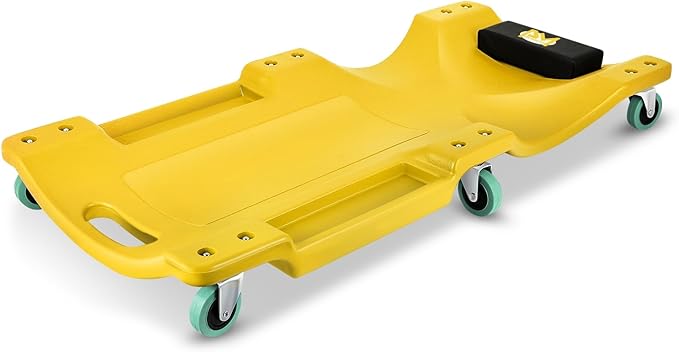 PM PERFORMOTOR 40Inch Low Profile Plastic Rolling Garage Shop Creeper with Padded Headrest,Tool Trays & 6pcs Casters, Yellow, PM-TOL-CPC40-YL