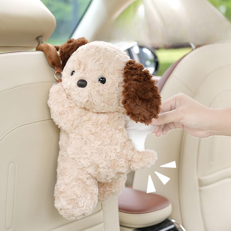 Plush Puppy Car Tissue Box Holder – Cute Crawling Dog Design, Hanging or Dashboard Use, Soft Style Organizer for Vehicle Interior (Panda)