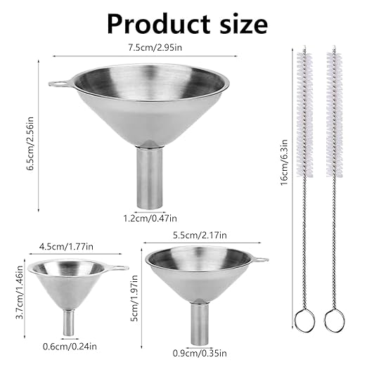 3-Piece Stainless Steel Kitchen Funnel Set for Filling Bottles, Food Grade, Versatile Sizes (Large, Medium, Small), Includes 2 Cleaning Brushes