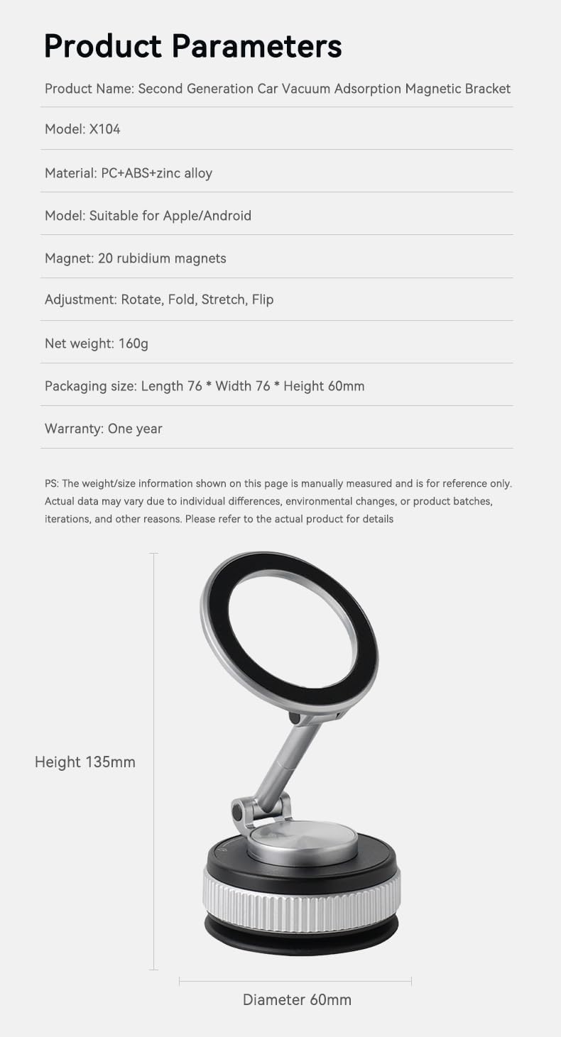 [Newly Upgraded] Metal Magnetic Car Phone Holder | Dual Insurance of Vacuum + Adhesive | 360° Rotation Without Dead Angle | Magnetic Ring Included‌(for iPhone & Android) (Gray+Clip)