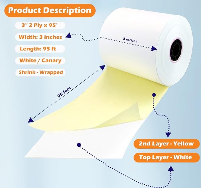 2 Ply Carbonless Rolls 3" X 95 Feet White/Yellow Receipt Paper POS Cash