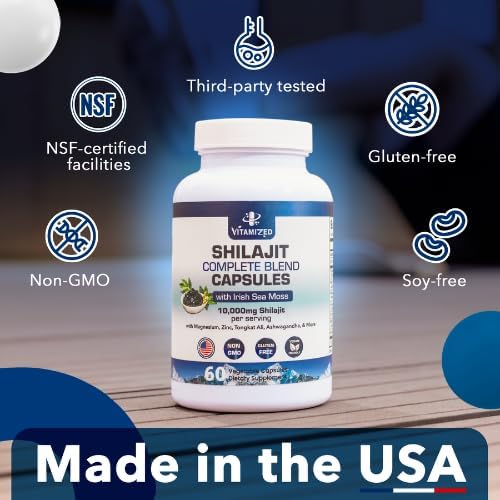 Pure Himalayan Shilajit for Men & Women - Boost Stamina, Athleticism, Support Metabolism & Energy | 10,000mg Shilajit Ashwagandha Supplements + Irish Sea Moss, Tongkat Ali, PQQ & More - 60 Capsules