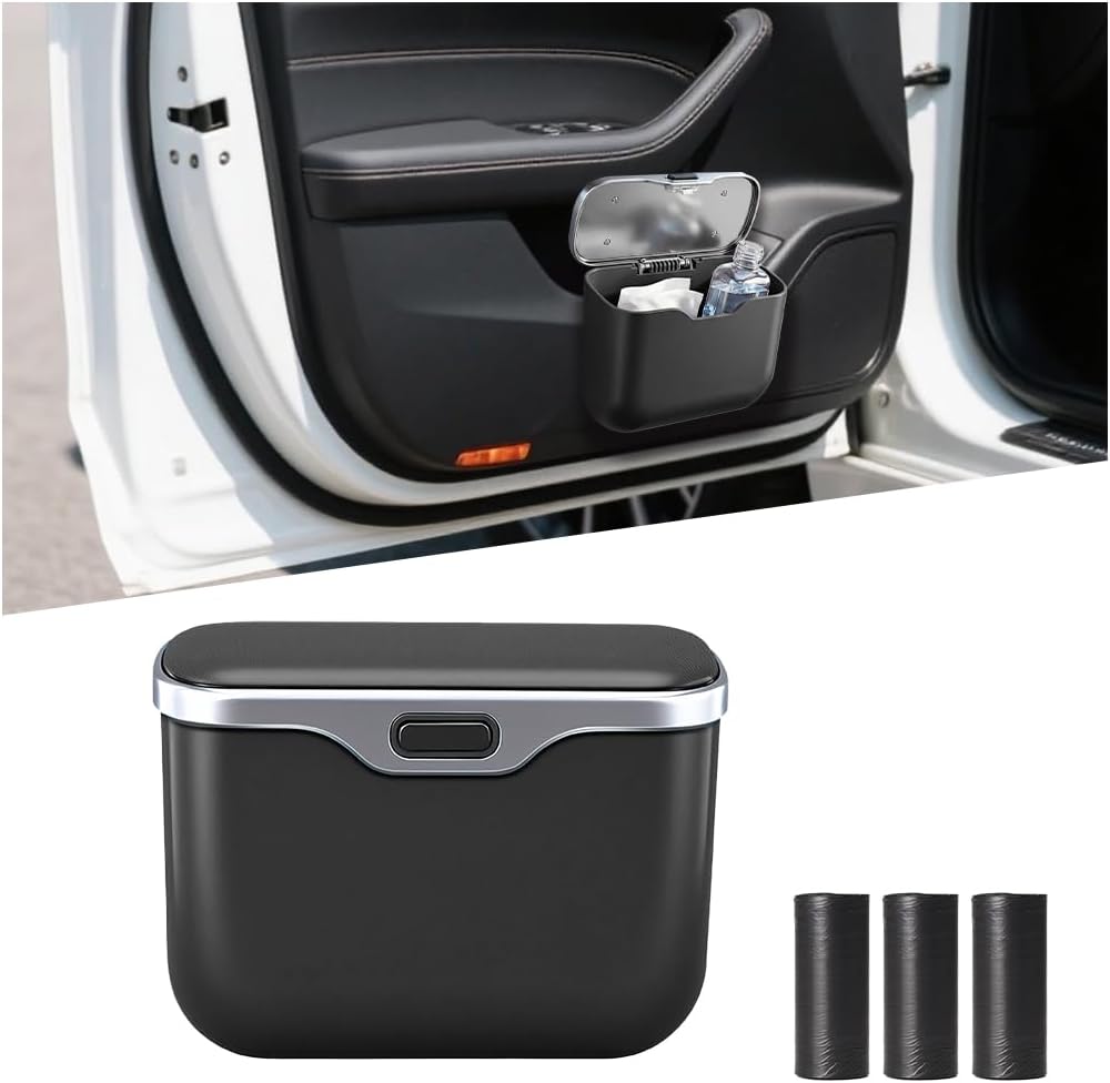 Osilly Car Trash Can, Leak-Proof Multipurpose Vehicle Door Garbage Can with Lid, Portable Automotive Interior Trash Bin Storage Organizer, Universal Fit (Black)