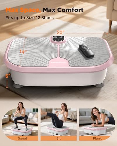 FEIERDUN Vibration Plate Exercise Machine, 400 LBS Capacity Vibration Plate for Lymphatic Drainage, Max Space for Whole-Body Workout & Relaxation at Home-Pink
