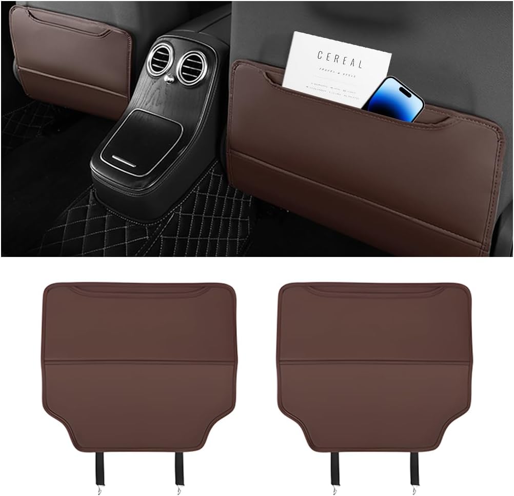 Zpana 2PCS Car Kick Mat Back Seat Protector, Microfiber Leather Vehicle Back Seat Cover with Storage Pocket, Automotive Backseat Anti-Kick Pad for Kids Pets, Universal for Truck SUV RV (Dark Brown)