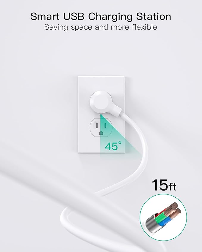 2 Pack Power Strip, 15FT Long Extension Cord, Surge Protector with 6 Outlets and 4 USB Charging Ports(2 USB C), Flat Plug Overload Protection, Wall Mount for Home Office Dorm College