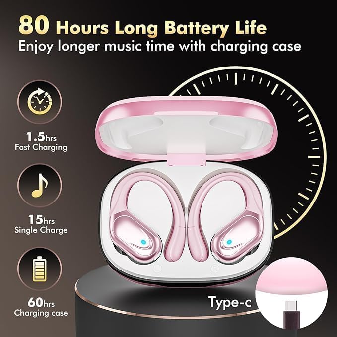 HAOYUYAN Wireless Earbuds, Sports Bluetooth Headphones, 80Hrs Playtime Ear Buds with LED Power Display, Noise Canceling Headset, IPX7 Waterproof Earphones for Workout/Running (Pink)