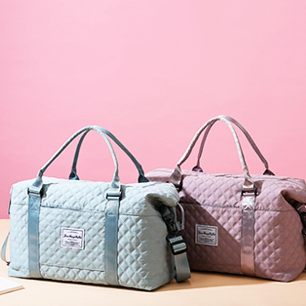 Skiennix Quilted Travel Bag - Stylish Overnight Gym Tote | Blue Duffel for Women