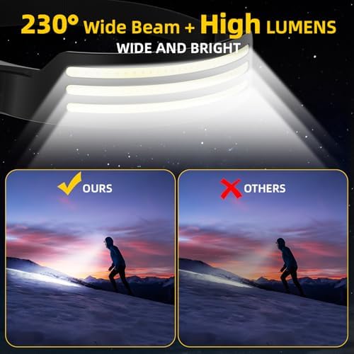 Headlamp Rechargeable 3PCS, Motion Sensor 230° COB Head Lamp, Headlights for Forehead, Hard hat Light for Adults, LED Headband Flashlight for Work, Hiking, Running, Camping Essentials Gear