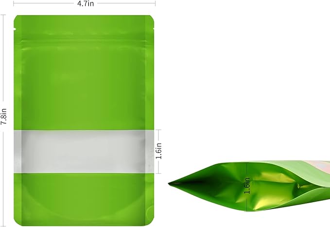 100 Smell Proof Mylar Bags, Resealable Food Storage Bags with Clear Window, Stand-up Foil Pouch for Food Self Sealing Storage Supplies (Green, 4.7 x 7.8 Inch)