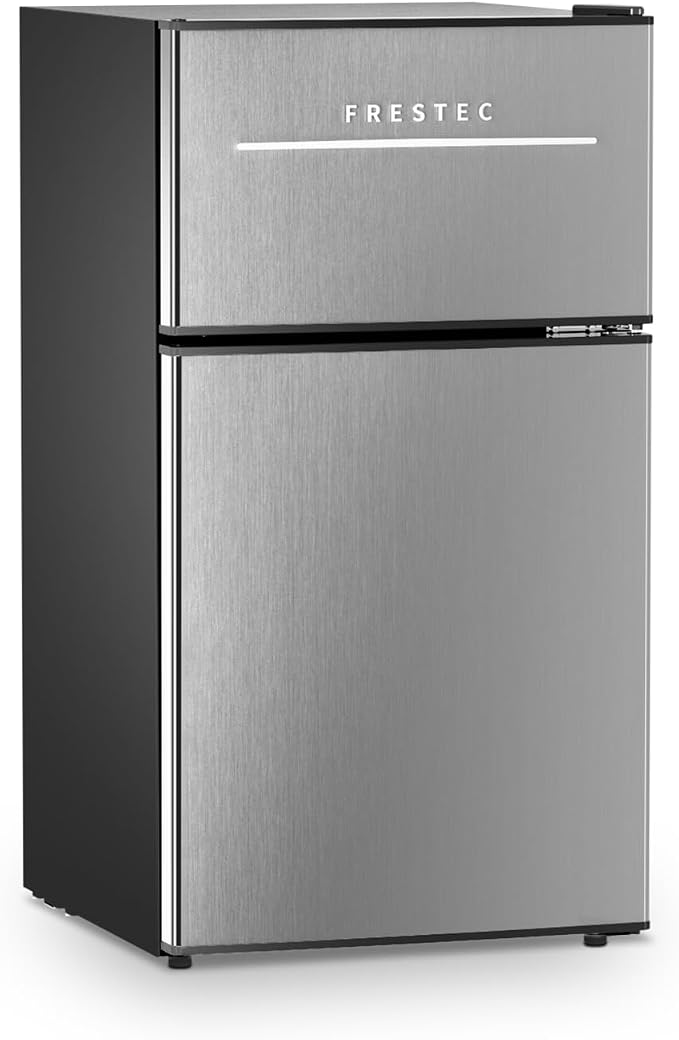 Mini Fridge with Freezer 3.2 Cu.Ft. 2 Door Refrigerator and Freezer Small Fridge for Bedroom Home Office Dorm, Small Drink Chiller, Adjustable Thermostat,37 dB Low Noise, Stainless Steel