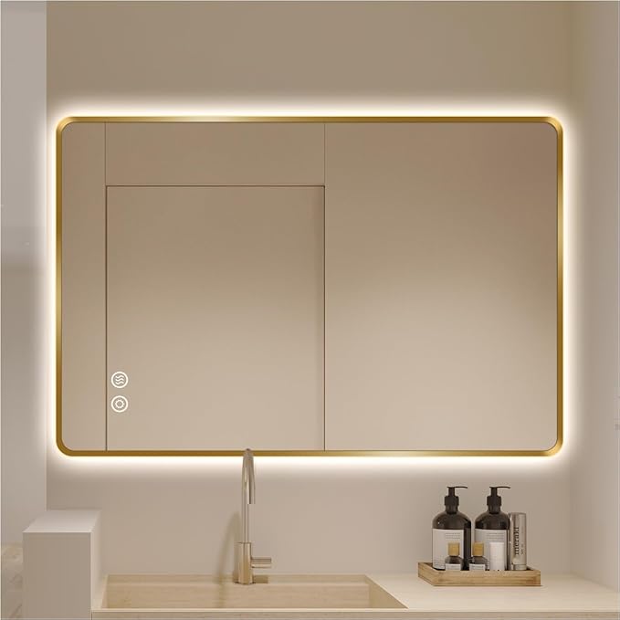 32" x 40" Gold LED Bathroom Mirror, Smart Touch Switch, Anti-Fog Mirror, 3-Color Dimmable, CRI≥93, Wall-Mounted Backlit Mirror with Lights for Modern Bathroom (Horizontal/Vertical)