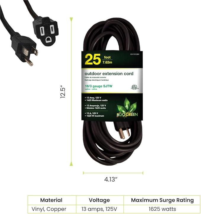 Go Green Power Inc. 16/3 25ft Black Outdoor Extension Cord - Reliable, Heavy Duty - Ideal for Outdoor Tools & Equipment - GG-13725BK