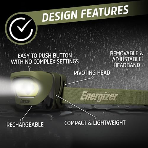 Energizer LED Rechargeable Headlamp, Black, LED Headlamp with Red Light Option, Micro-USB Charging Cables Included, Green