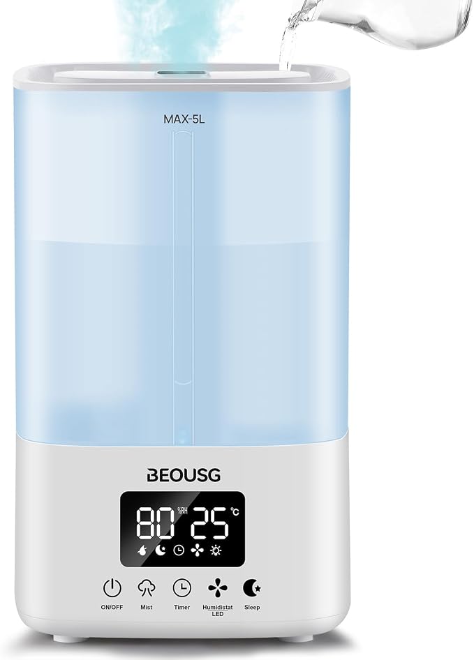 5L Top Fill Ultrasonic Humidifier,Cool Mist Humidifiers with Timer & Humidity Control for Bedroom, Baby, Large Rooms & Plants (White-2)