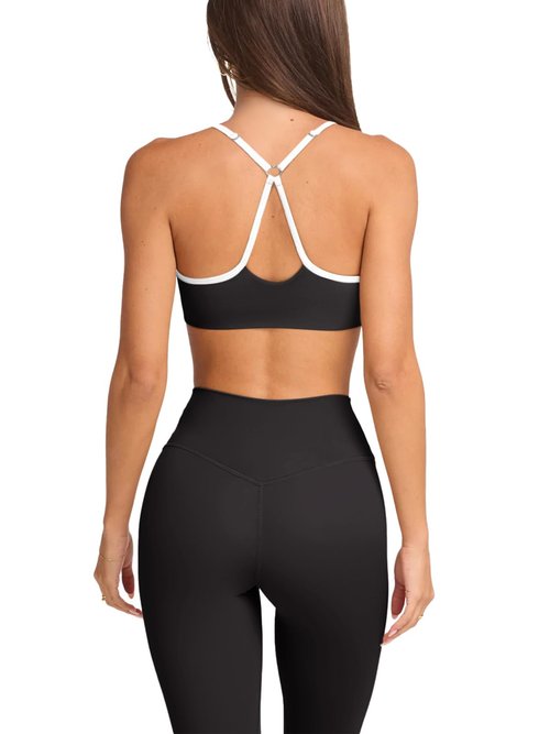 Halter Sports Bras for Women Padded Adjustable Thin Straps Color Block Workout Yoga Gym Athletic Bras Y2k Casual Tops Activewear Camisole(Black White,Small)