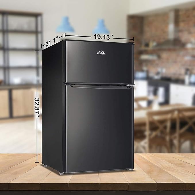 Walsh Compact Refrigerator, Dual Door Mini Fridge, Energy Efficient, Adjustable Mechanical Thermostat with Freezer, Reversible Doors with Leveling Front Legs, 3.1 Cu Ft, Black